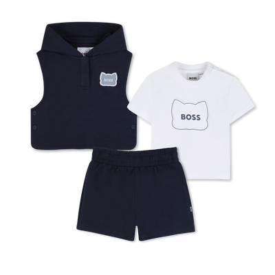 CONJUNTO CAMISETA + SUDADERA + PANTAL&Oacute;N CORTO BOSS NI&Ntilde;O